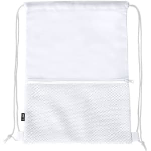 A white drawstring bag featuring a zippered mesh pocket and drawstring closures, ideal for versatile storage needs.