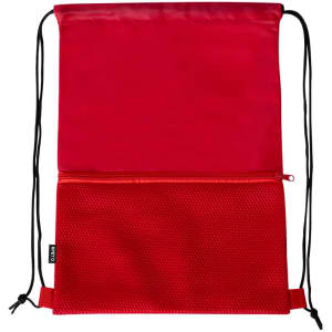 A red drawstring bag featuring a mesh zipper pocket and black drawstrings. It has a logo on the front.