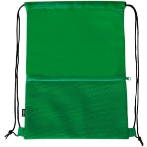 A green drawstring bag with a mesh pocket and a zippered compartment, featuring black drawstrings and a logo.