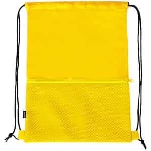 A yellow drawstring bag with a mesh pocket and a logo. The bag features adjustable black cords.