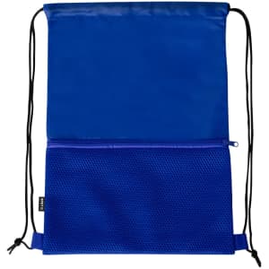 A blue drawstring bag with a mesh zip pocket at the bottom and black drawstrings. It features a logo.