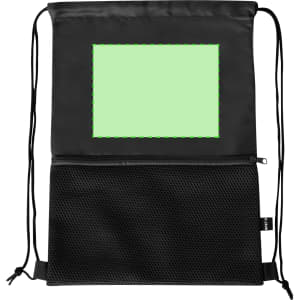 A black drawstring bag featuring a mesh bottom section and a blank green area on the front.