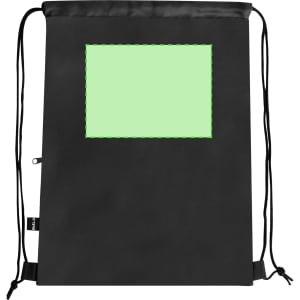 A black drawstring bag featuring a light green rectangular area and a logo at the side.