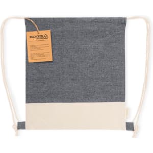 A grey and cream drawstring bag made from recycled cotton, featuring a logo and a hanging tag.