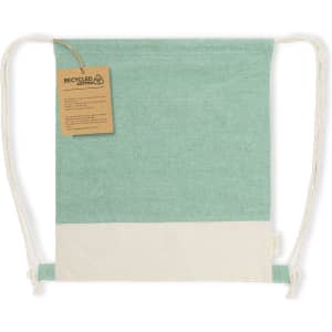 A green and cream Vexira drawstring bag with a tag, featuring a branding logo.
