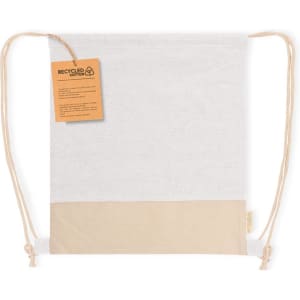 A light grey and beige drawstring bag made of recycled cotton, featuring a tag and drawstrings for closure.