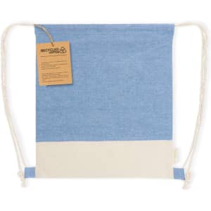 A blue and cream drawstring bag made from recycled materials, featuring a logo and a cardboard tag.
