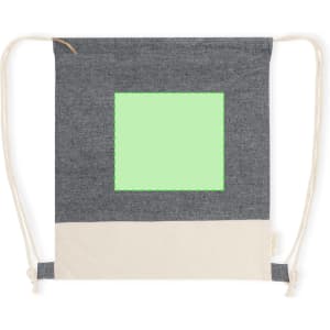 A grey and cream drawstring bag with a square green patch and a logo at the bottom.