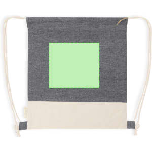 A grey and cream drawstring bag with a square area for branding. Features a logo.