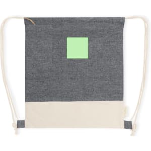 A grey and cream drawstring bag featuring a small green square and a logo.