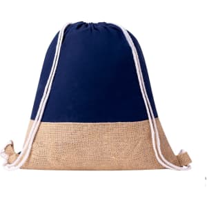 A drawstring bag featuring a navy upper section and a natural hessian lower section, complete with a logo.