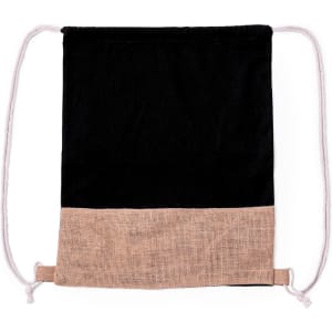 A black drawstring bag with a jute bottom and white drawstrings. It features a logo on the front.