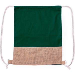 A green drawstring bag with a natural jute bottom and white drawstrings. It features a logo.