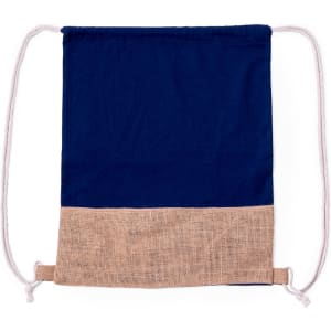 A navy drawstring bag with a natural burlap bottom and white drawstring cords. It features a logo.