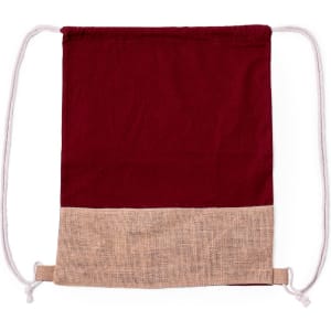 A maroon drawstring bag with a natural jute bottom and white drawstrings. Features a logo on the front.