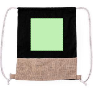 A black and beige drawstring bag featuring a plain green square area and a logo on the front.