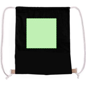 A black drawstring bag with a green square patch, featuring drawstrings and a simple design.