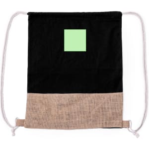 A drawstring bag featuring a black fabric body and a natural hessian bottom, with a square area for branding.