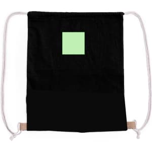 A black drawstring bag featuring a small green square and a logo. Ideal for carrying essentials.