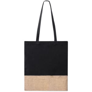 A tote bag in black fabric with a natural jute bottom, featuring long handles and a logo.