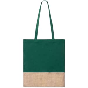 A green tote bag with a natural jute bottom, featuring two long handles and a simple design. It has a logo.