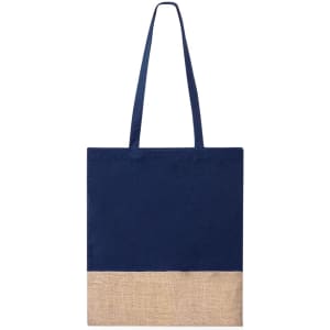 A navy tote bag with a natural jute bottom and two shoulder straps. It features a logo.