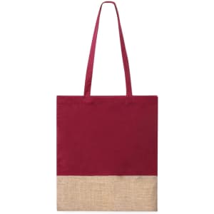 A maroon tote bag with a beige bottom section and two sturdy handles. It features a logo.