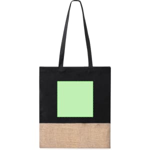 A black tote bag with a light green panel and a natural burlap bottom, featuring shoulder straps and a logo.