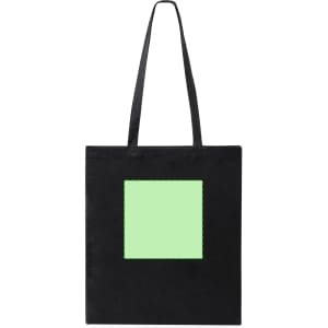 A black tote bag featuring a square area in mint green. The bag has long handles and includes branding.