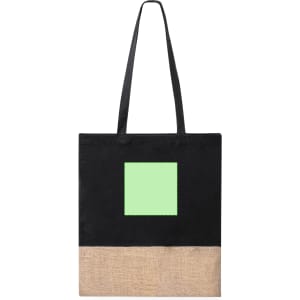 A tote bag with a black upper section and a natural jute lower section, featuring a square shaped area in mint green.