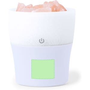 A white and pale purple aromatic diffuser with pink salt crystals on top and an embedded logo.