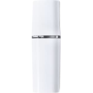 A white vaporizer with a sleek design and a silver band around the middle. It includes a logo on the surface.