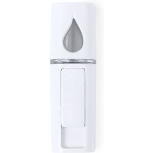 A white vaporiser with a sleek design and a logo, featuring a transparent window in the shape of a droplet.