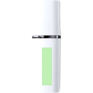 A white vaporizer with a black band and a green accent panel, featuring a logo.