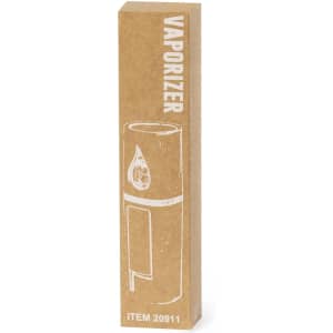 A tall, rectangular box containing a white vaporizer, with a simple logo and a natural brown cardboard finish.