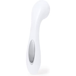 A white face massager with a sleek design and a silver accent. The product has a curved shape for easy handling.