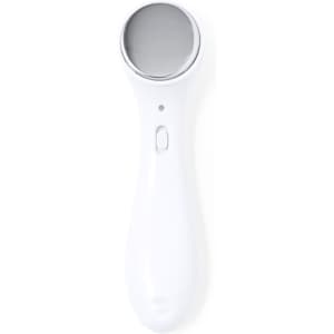 A white face massager with a rounded metallic head and a power button. It has a sleek, ergonomic design.