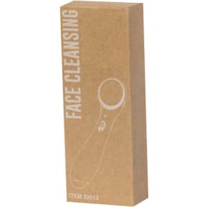 A boxed face massager in white with a circular head and a minimalist design, featuring a logo.