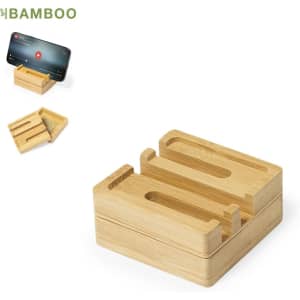 A bamboo organiser with various slots for holding cards and stationery items, featuring a natural wood finish.