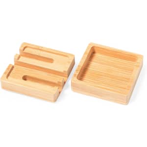 A bamboo organiser featuring two sections: a compartment with slots and a square tray for various office items.