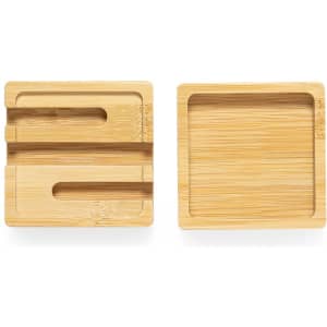 A bamboo organiser featuring two sections for storage, showcasing a natural wood finish.