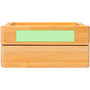 A bamboo organiser with a light green label area. It features a wooden texture and has a branding logo.