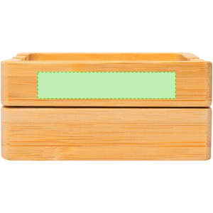 A bamboo organiser with a green label area, featuring a natural wood finish and two stacked compartments.