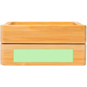 A bamboo organiser with a smooth finish in a natural wood colour, featuring a blank green label.