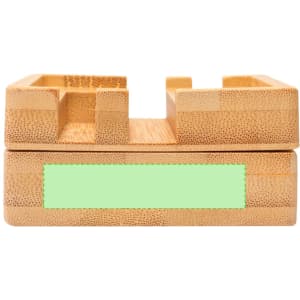 A bamboo organiser featuring a minimalist design with a light green base and multiple slots for office supplies.