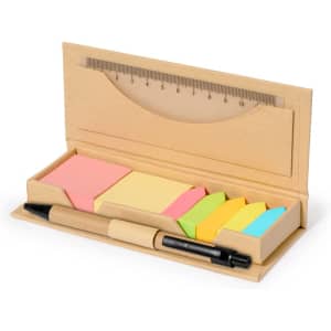 A stationery set featuring a ruler, a pen, and various coloured sticky notes in a natural cardboard holder.