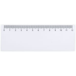 A white ruler featuring measurements up to 12 inches, with clear markings and a simple design.
