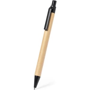 A pen with a brown paper barrel and black accents, featuring a clip and ballpoint tip.