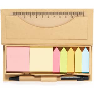 A brown cardboard office set featuring sticky notes in pink, yellow, green, and blue, a ruler, and a black pen.