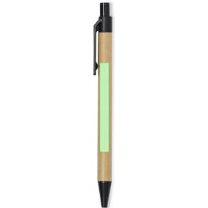 A pen with a brown barrel and a black clip, featuring a green accent for branding.